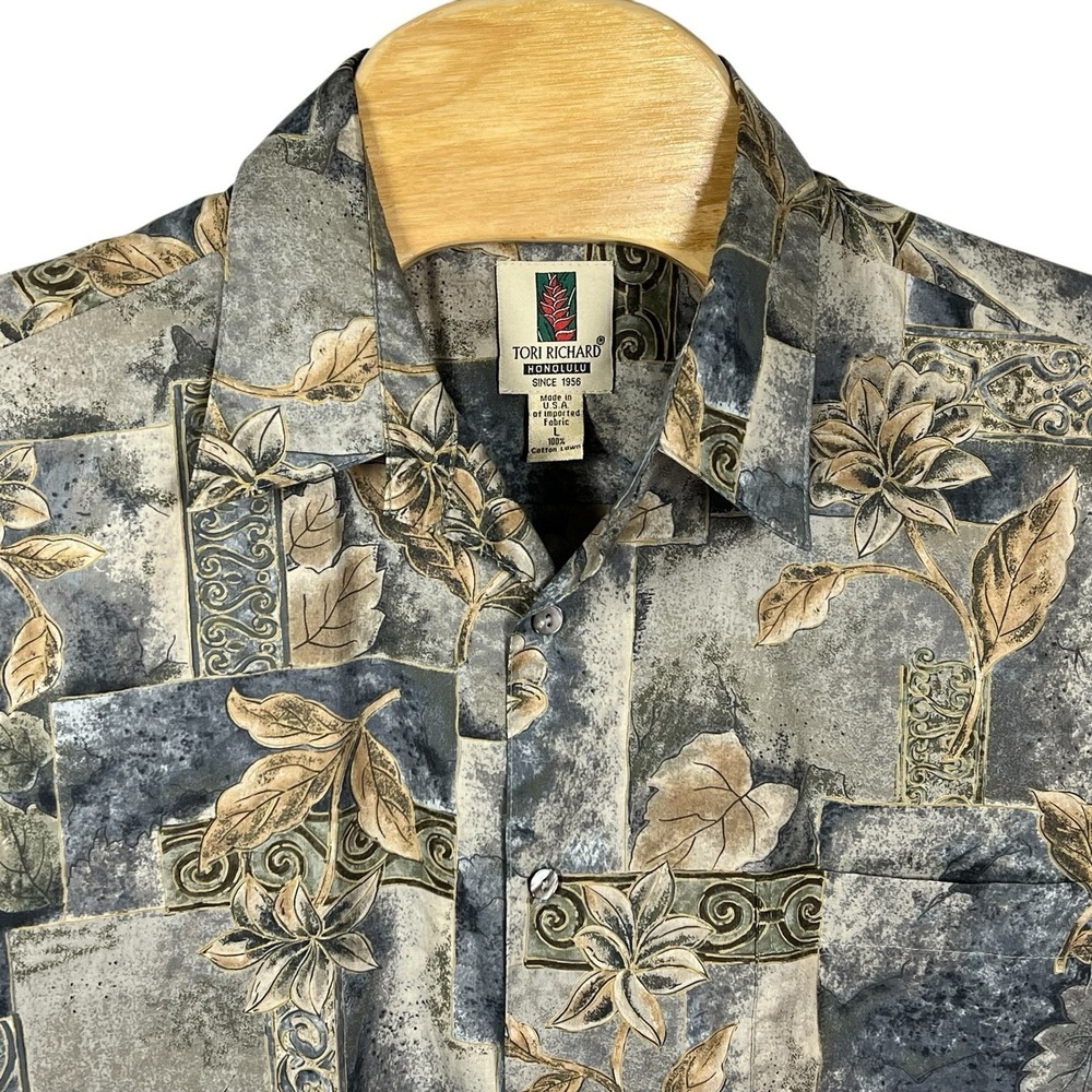 Tori Richard Men Large Cotton Lawn Made in USA Hawaiian Leaves Shirt
